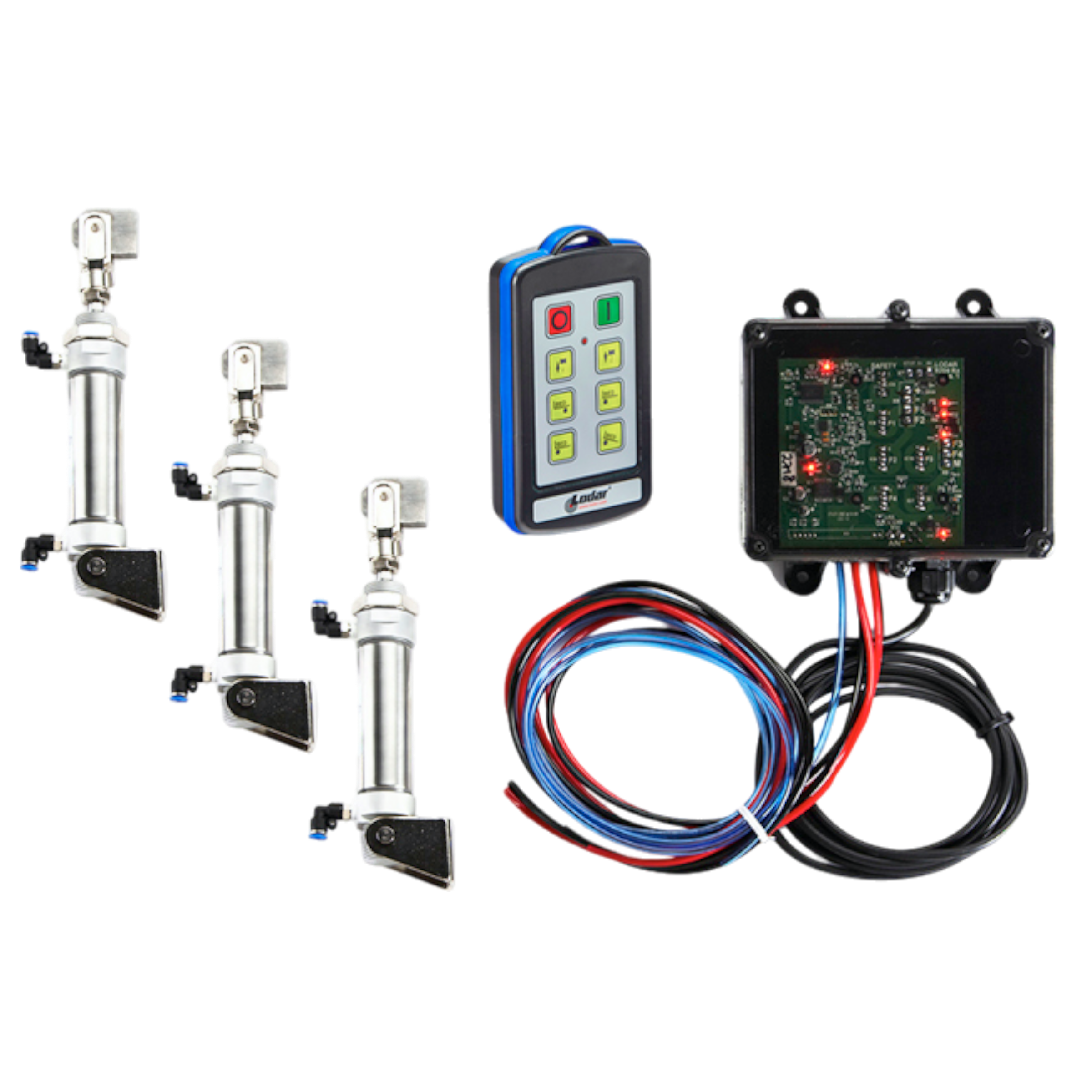 Displayed against a crisp white background is the 6 Function IP Wireless Actuator Control System, part of the 92 Series by Lodar LTD, featuring sophisticated components such as three actuators, a wireless air actuator from the FET Air Receiver range, and a circuit board with connected wires.