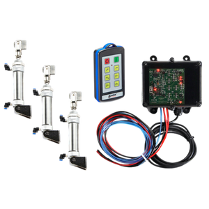 Displayed against a crisp white background is the 6 Function IP Wireless Actuator Control System, part of the 92 Series by Lodar LTD, featuring sophisticated components such as three actuators, a wireless air actuator from the FET Air Receiver range, and a circuit board with connected wires.