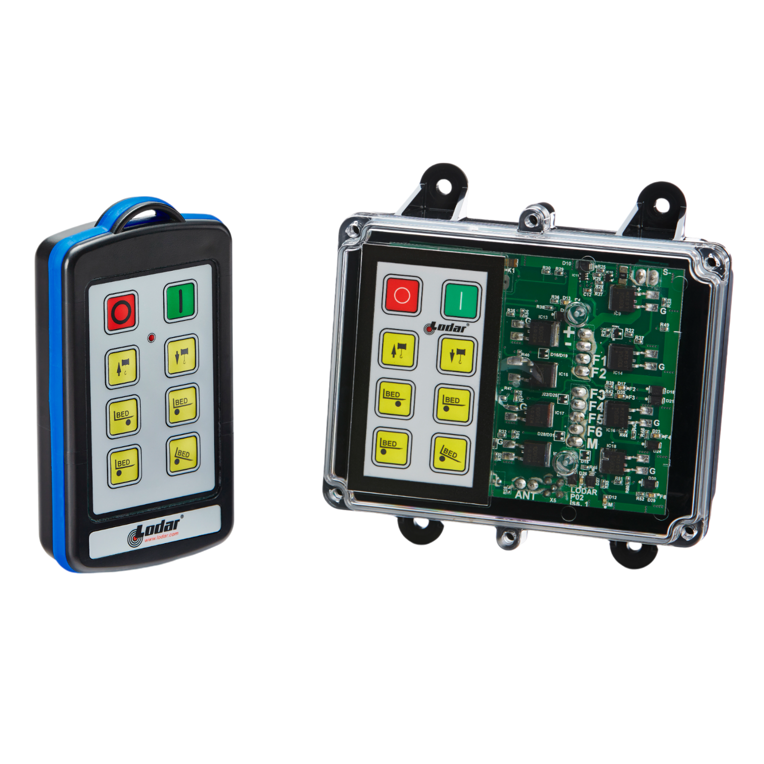 Two electronic devices: a Lodar LTD 6 Function IP Wireless Control System with buttons and a 92 Series FET Keypad Receiver featuring labeled buttons in clear casings.