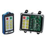 Two electronic devices: a Lodar LTD 6 Function IP Wireless Control System with buttons and a 92 Series FET Keypad Receiver featuring labeled buttons in clear casings.