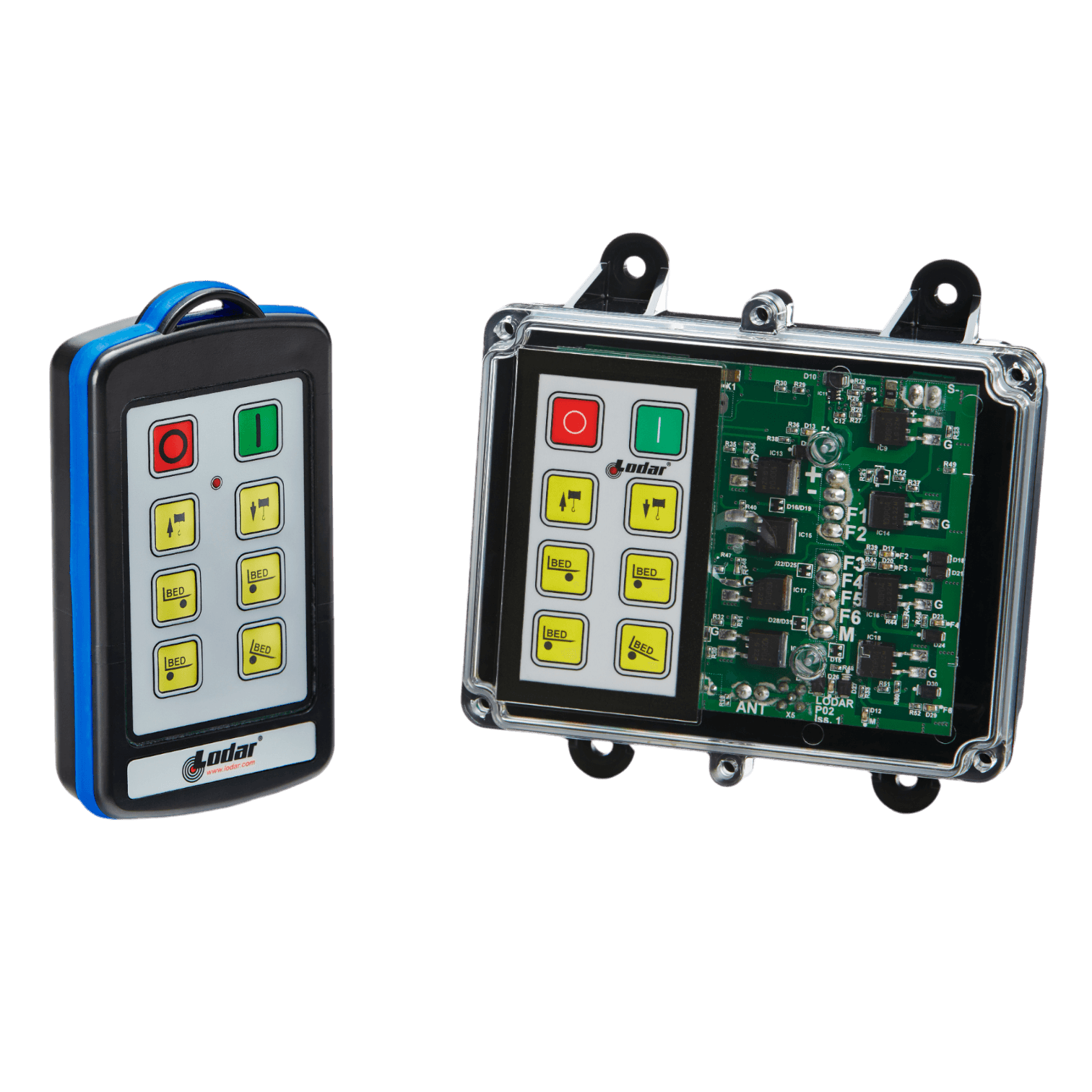 Two electronic devices: a Lodar LTD 6 Function IP Wireless Control System with buttons and a 92 Series FET Keypad Receiver featuring labeled buttons in clear casings.