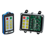 Two electronic devices: a Lodar LTD 6 Function IP Wireless Control System with buttons and a 92 Series FET Keypad Receiver featuring labeled buttons in clear casings.