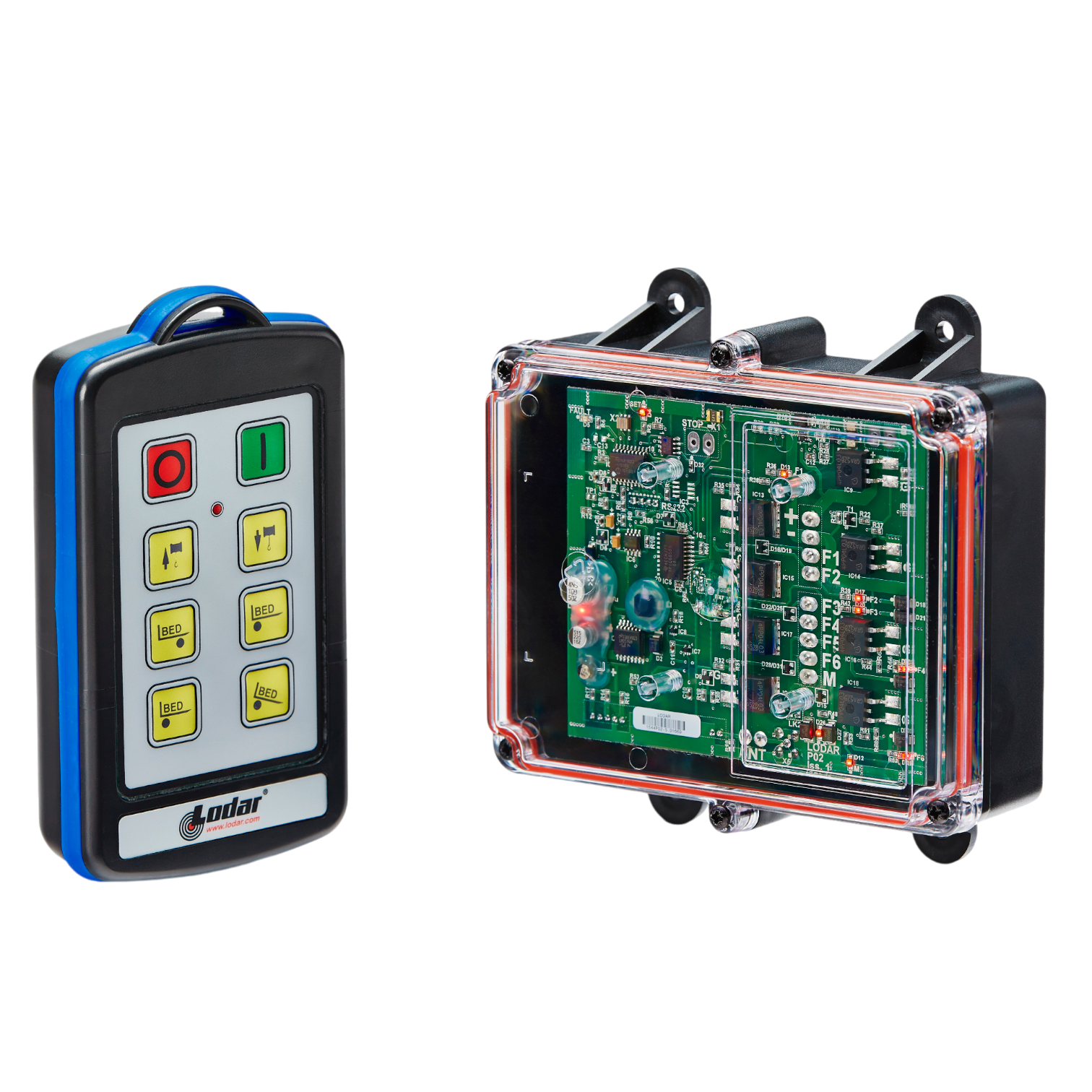 A transparent case with a remote control and circuit board against a black background highlights the Lodar LTD 6 Function IP Wireless Control System, 92 Series FET Receiver, featuring a 200-foot range.