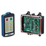 A transparent case with a remote control and circuit board against a black background highlights the Lodar LTD 6 Function IP Wireless Control System, 92 Series FET Receiver, featuring a 200-foot range.