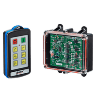 A transparent case with a remote control and circuit board against a black background highlights the Lodar LTD 6 Function IP Wireless Control System, 92 Series FET Receiver, featuring a 200-foot range.