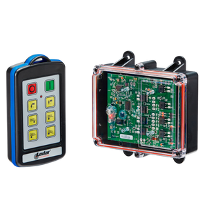 A transparent case with a remote control and circuit board against a black background highlights the Lodar LTD 6 Function IP Wireless Control System, 92 Series FET Receiver, featuring a 200-foot range.
