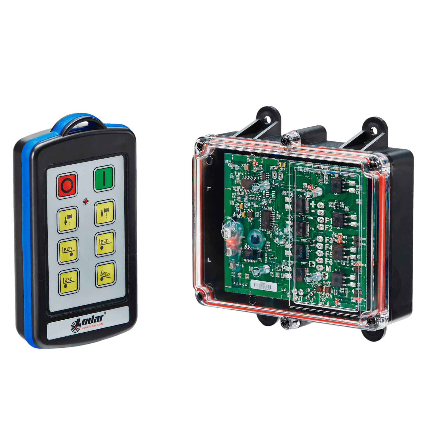 A transparent case with a remote control and circuit board against a black background highlights the Lodar LTD 6 Function IP Wireless Control System, 92 Series FET Receiver, featuring a 200-foot range.