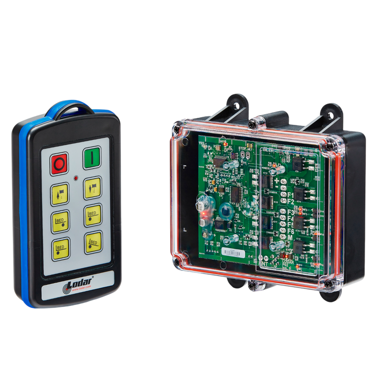 A transparent case with a remote control and circuit board against a black background highlights the Lodar LTD 6 Function IP Wireless Control System, 92 Series FET Receiver, featuring a 200-foot range.