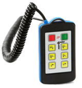 The 6 Function Lodar Hard-Wired Remote from Lodar LTD, part of the 9000 Series, is expertly crafted with a waterproof Bulgin connector for enhanced durability. It features an LCD screen and buttons in red, green, and yellow, ensuring reliable control even in challenging conditions.