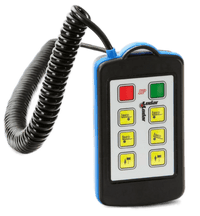 The 6 Function Lodar Hard-Wired Remote from Lodar LTD, part of the 9000 Series, is expertly crafted with a waterproof Bulgin connector for enhanced durability. It features an LCD screen and buttons in red, green, and yellow, ensuring reliable control even in challenging conditions.