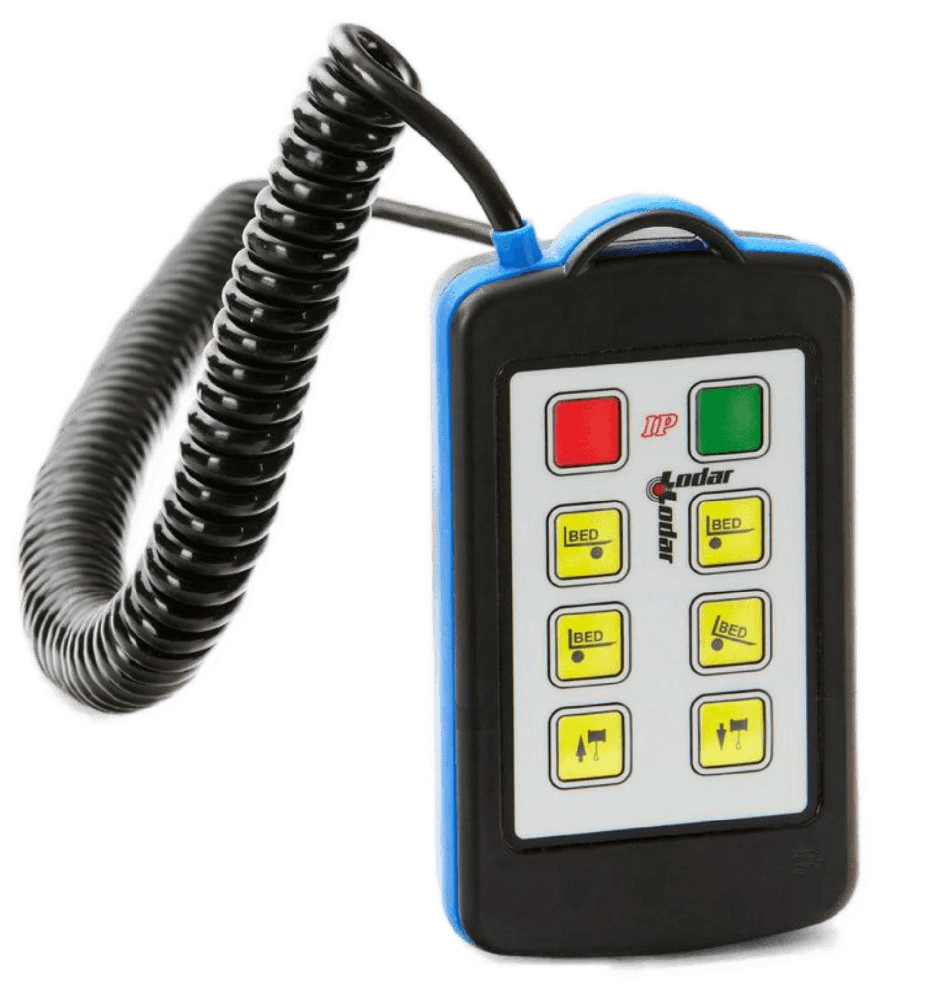 The 6 Function Lodar Hard-Wired Remote from Lodar LTD, part of the 9000 Series, is expertly crafted with a waterproof Bulgin connector for enhanced durability. It features an LCD screen and buttons in red, green, and yellow, ensuring reliable control even in challenging conditions.