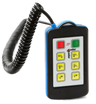 The 6 Function Lodar Hard-Wired Remote from Lodar LTD, part of the 9000 Series, is expertly crafted with a waterproof Bulgin connector for enhanced durability. It features an LCD screen and buttons in red, green, and yellow, ensuring reliable control even in challenging conditions.