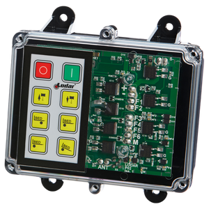 Introducing the 92 Series 6 Function Lodar Replacement FET Keypad Receiver by Lodar LTD, boasting a transparent electronic control box with an advanced circuit board and a clearly labeled 6-function keypad. This receiver is perfectly designed to seamlessly operate all your essential controls as an ideal Lodar replacement.