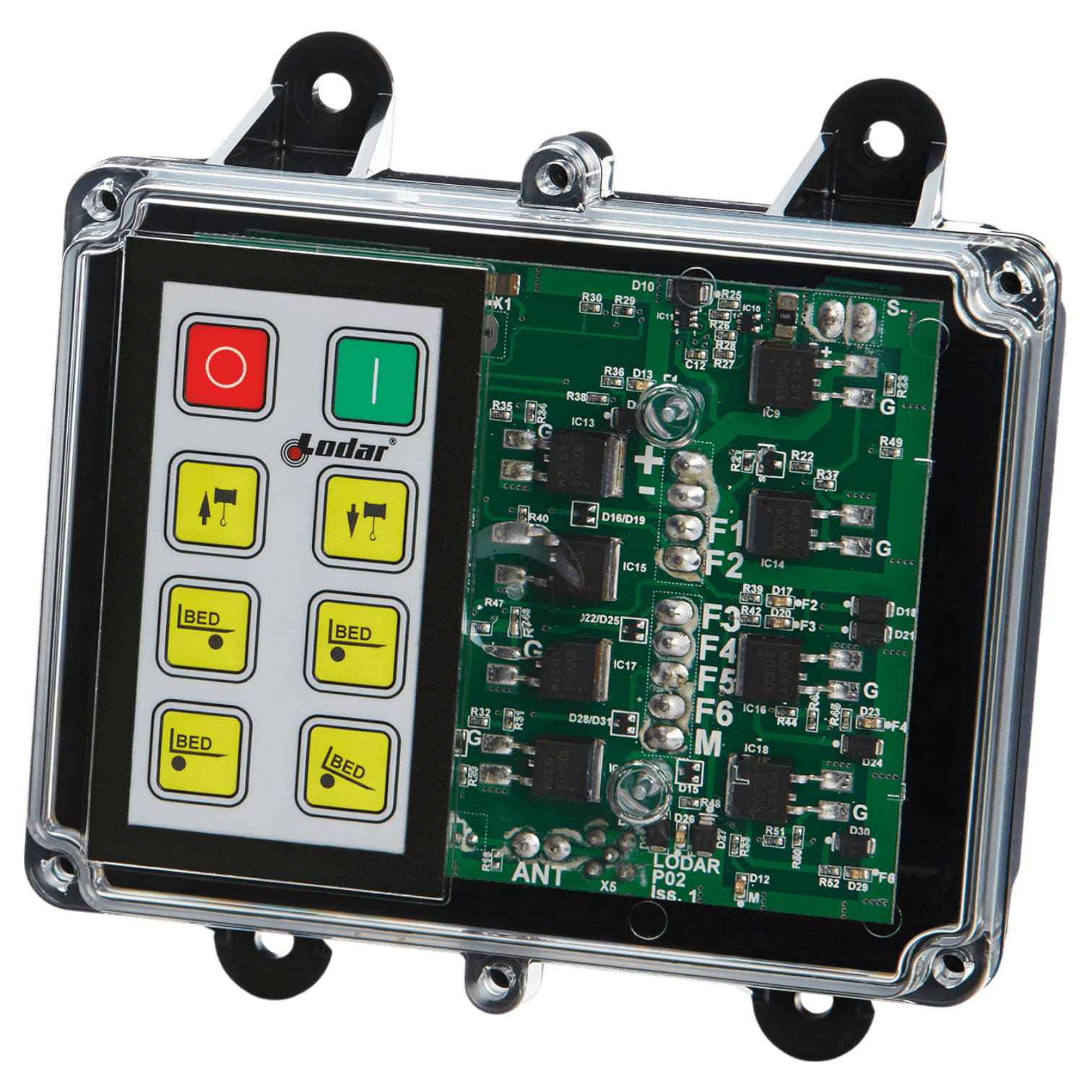 Introducing the 92 Series 6 Function Lodar Replacement FET Keypad Receiver by Lodar LTD, boasting a transparent electronic control box with an advanced circuit board and a clearly labeled 6-function keypad. This receiver is perfectly designed to seamlessly operate all your essential controls as an ideal Lodar replacement.