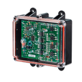 The Lodar LTD 6 Function Lodar Replacement FET Receiver from the 92 Series is housed in a transparent electronic circuit enclosure revealing a green circuit board and components, capable of managing up to 10 amps, all set against a black background.