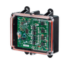 The Lodar LTD 6 Function Lodar Replacement FET Receiver from the 92 Series is housed in a transparent electronic circuit enclosure revealing a green circuit board and components, capable of managing up to 10 amps, all set against a black background.