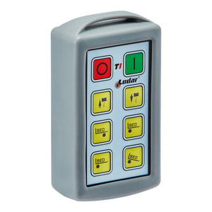 The 6 Function Lodar Replacement Standard Transmitter | 11 Series from Lodar LTD features buttons for adjusting a bed's position, highlighted by distinctive red and green power buttons. It's the perfect substitute if you've misplaced your original transmitter, offering functionality similar to the Lodar 6 Function Standard Transmitter.