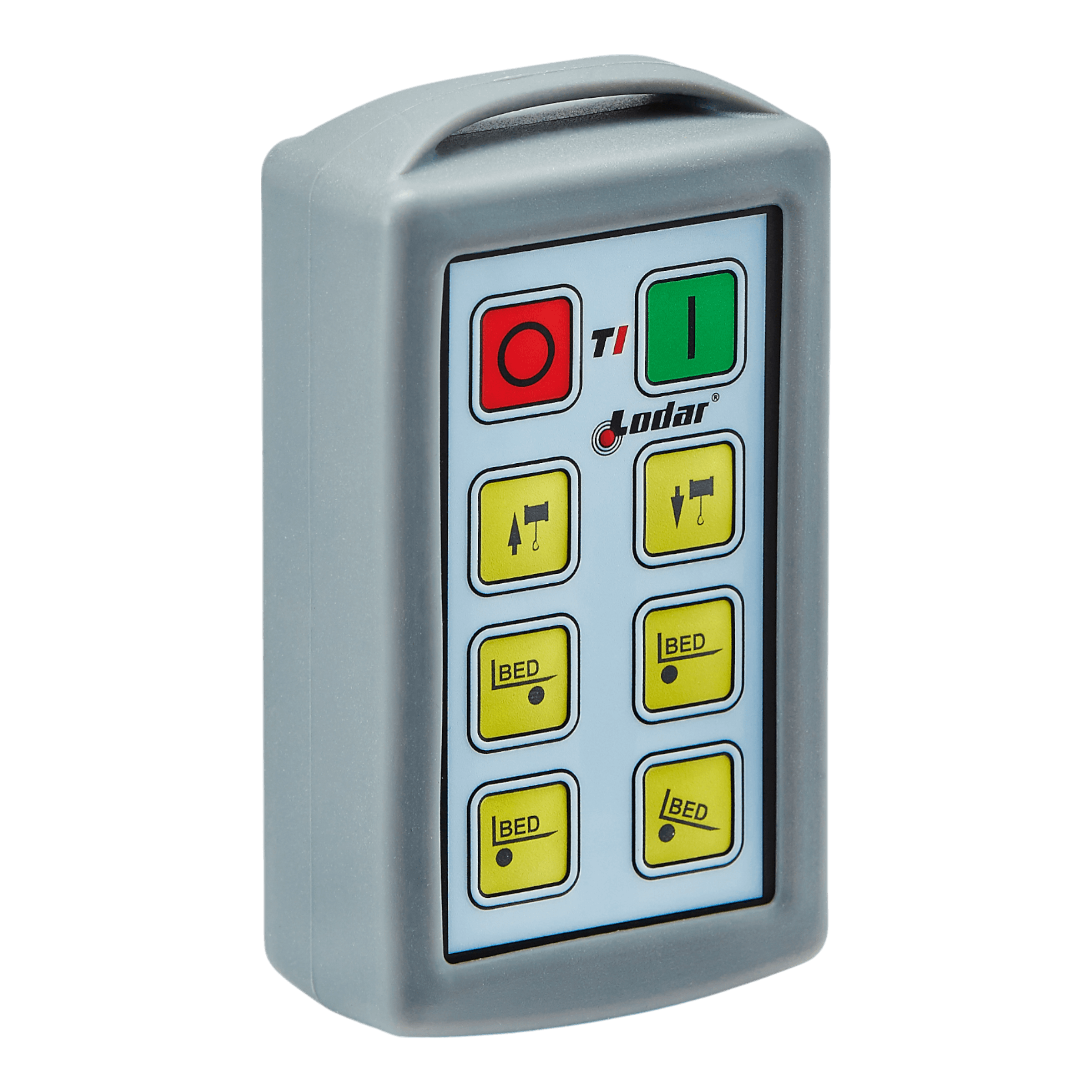 The 6 Function Lodar Replacement Standard Transmitter | 11 Series from Lodar LTD features buttons for adjusting a bed's position, highlighted by distinctive red and green power buttons. It's the perfect substitute if you've misplaced your original transmitter, offering functionality similar to the Lodar 6 Function Standard Transmitter.