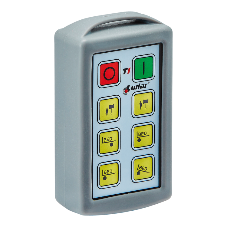 The 6 Function Lodar Replacement Standard Transmitter | 11 Series from Lodar LTD features buttons for adjusting a bed's position, highlighted by distinctive red and green power buttons. It's the perfect substitute if you've misplaced your original transmitter, offering functionality similar to the Lodar 6 Function Standard Transmitter.