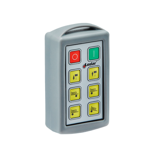 The 6 Function Lodar Replacement Standard Transmitter from Lodar LTD features a gray design with buttons, including red and green power symbols, and BED labels. It integrates seamlessly with the 9000 Series for enhanced control efficiency.