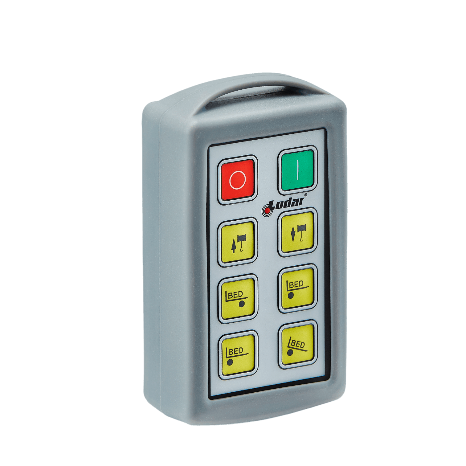 The 6 Function Lodar Replacement Standard Transmitter from Lodar LTD features a gray design with buttons, including red and green power symbols, and BED labels. It integrates seamlessly with the 9000 Series for enhanced control efficiency.