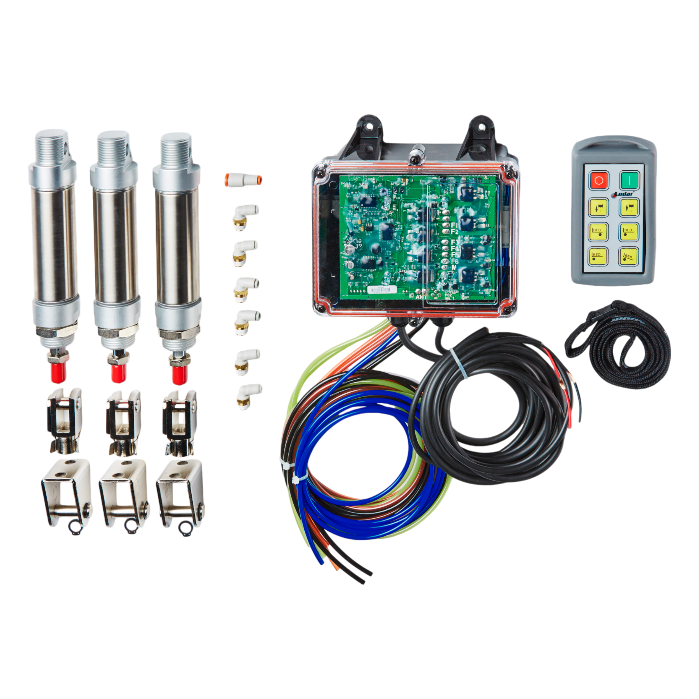 The 6 Function Standard Wireless Actuator Control System | 92 Series | FET Air Receiver from Lodar LTD includes three sensors, cables, connectors, a circuit box, and an advanced remote control system.