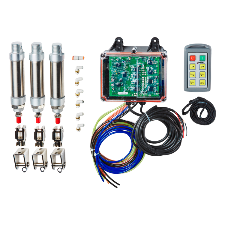 The 6 Function Standard Wireless Actuator Control System | 92 Series | FET Air Receiver from Lodar LTD includes three sensors, cables, connectors, a circuit box, and an advanced remote control system.