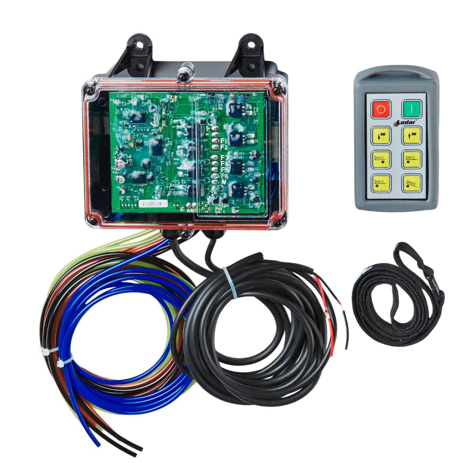 A Lodar LTD 6 Function Standard Wireless Actuator Control System from the 92 Series, featuring a FET Air Receiver and vibrant colored wires, is paired with a Lodar Wireless remote control on a pristine white backdrop, highlighting its capability for precise wireless actuator control.