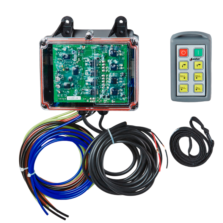 A Lodar LTD 6 Function Standard Wireless Actuator Control System from the 92 Series, featuring a FET Air Receiver and vibrant colored wires, is paired with a Lodar Wireless remote control on a pristine white backdrop, highlighting its capability for precise wireless actuator control.