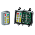The 6 Function Standard Wireless Control System from Lodar LTD, part of the 92 Series with a FET Keypad Receiver, features a transparent case that reveals its intricate circuit board and various buttons. This design enhances remote operation by showcasing the detailed electronic components, making it ideal for wireless control setups.