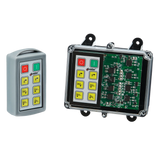 The 6 Function Standard Wireless Control System from Lodar LTD, part of the 92 Series with a FET Keypad Receiver, features a transparent case that reveals its intricate circuit board and various buttons. This design enhances remote operation by showcasing the detailed electronic components, making it ideal for wireless control setups.