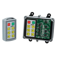 The 6 Function Standard Wireless Control System from Lodar LTD, part of the 92 Series with a FET Keypad Receiver, features a transparent case that reveals its intricate circuit board and various buttons. This design enhances remote operation by showcasing the detailed electronic components, making it ideal for wireless control setups.