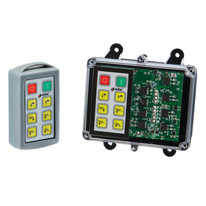 The 6 Function Standard Wireless Control System from Lodar LTD, part of the 92 Series with a FET Keypad Receiver, features a transparent case that reveals its intricate circuit board and various buttons. This design enhances remote operation by showcasing the detailed electronic components, making it ideal for wireless control setups.