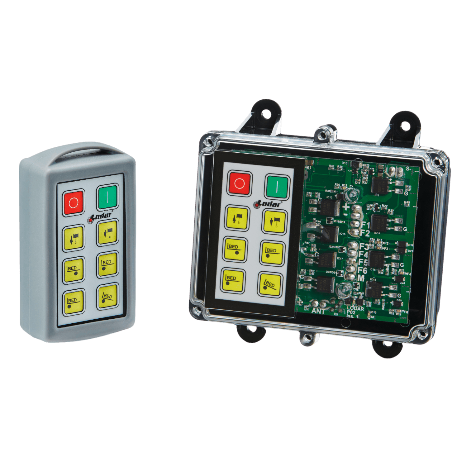 The 6 Function Standard Wireless Control System from Lodar LTD, part of the 92 Series with a FET Keypad Receiver, features a transparent case that reveals its intricate circuit board and various buttons. This design enhances remote operation by showcasing the detailed electronic components, making it ideal for wireless control setups.