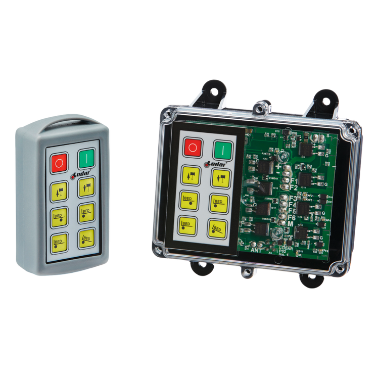 The 6 Function Standard Wireless Control System from Lodar LTD, part of the 92 Series with a FET Keypad Receiver, features a transparent case that reveals its intricate circuit board and various buttons. This design enhances remote operation by showcasing the detailed electronic components, making it ideal for wireless control setups.