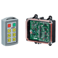 The 6 Function Standard Wireless Control System by Lodar LTD (92 Series) features two electronic control devices: a handheld remote with buttons, ideal for remote operation, and a clear-cased circuit board.
