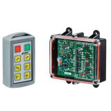 The 6 Function Standard Wireless Control System by Lodar LTD (92 Series) features two electronic control devices: a handheld remote with buttons, ideal for remote operation, and a clear-cased circuit board.