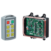 The 6 Function Standard Wireless Control System by Lodar LTD (92 Series) features two electronic control devices: a handheld remote with buttons, ideal for remote operation, and a clear-cased circuit board.