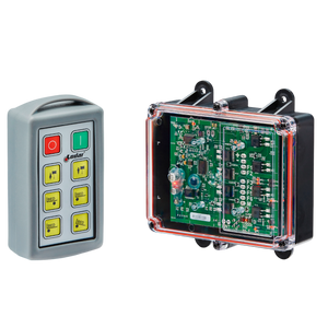 The 6 Function Standard Wireless Control System by Lodar LTD (92 Series) features two electronic control devices: a handheld remote with buttons, ideal for remote operation, and a clear-cased circuit board.