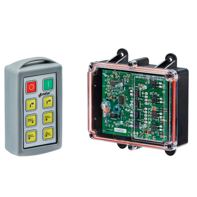 The 6 Function Standard Wireless Control System by Lodar LTD (92 Series) features two electronic control devices: a handheld remote with buttons, ideal for remote operation, and a clear-cased circuit board.