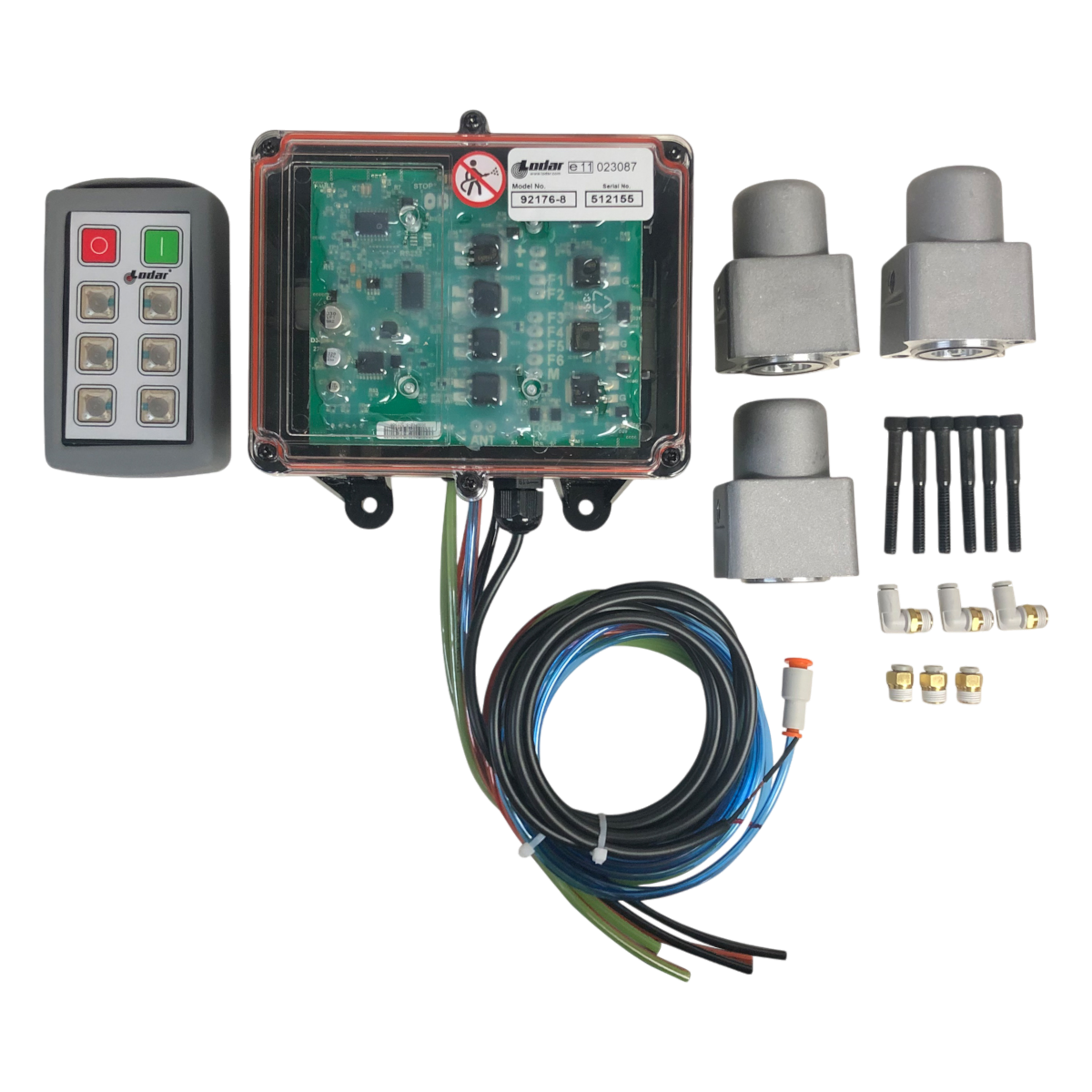 The 6 Function Wireless Air System with Bolt-on Actuator by PIERCE, features an electronic control box with a circuit board, wireless remote control, cables, connectors, screws, and three metal sensors.
