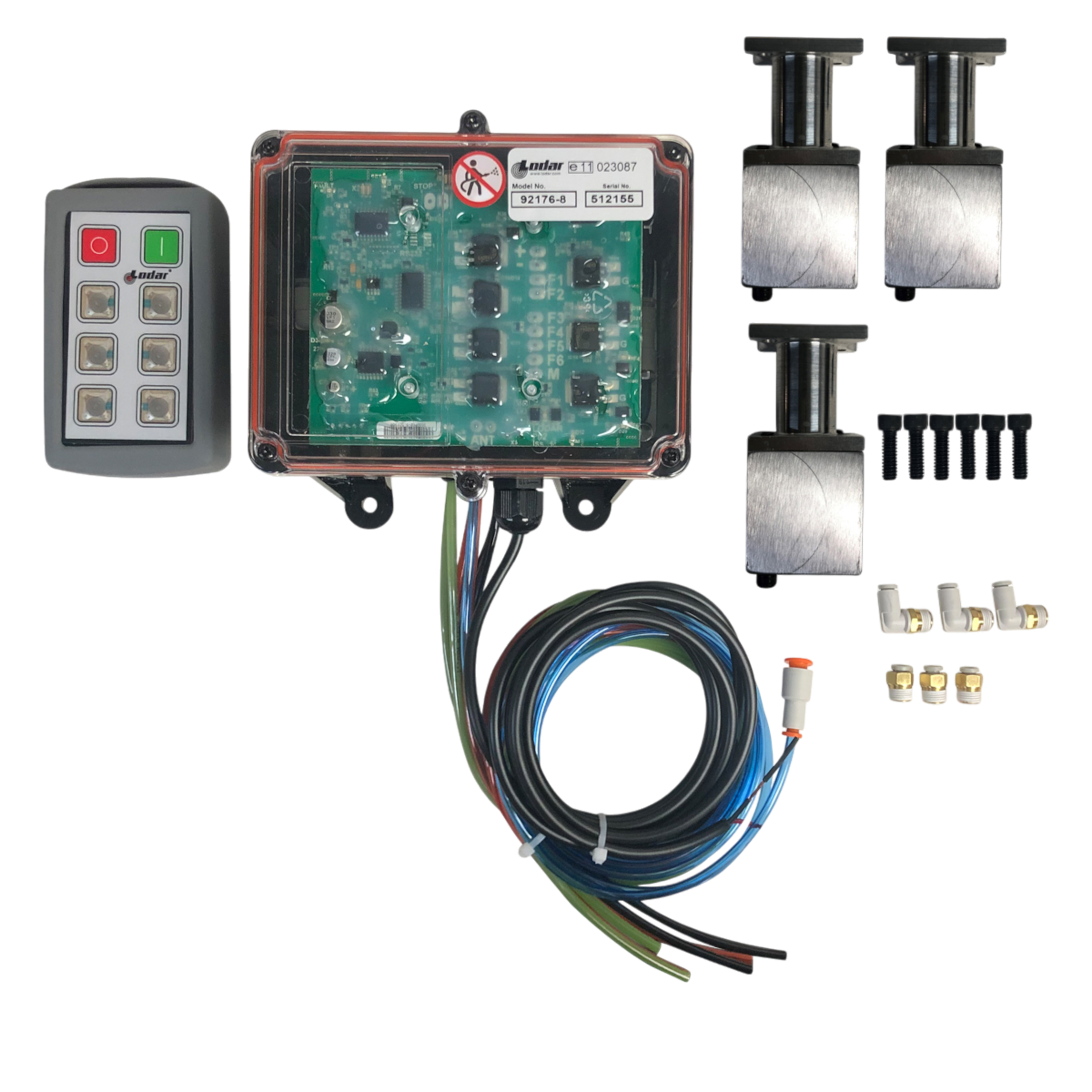 The PIERCE 6 Function Wireless Air System with Bolt-on Actuator | Husco includes an electronic control panel with remote, wiring, and metal components for a mechanical system, featuring a seamless integration capability.