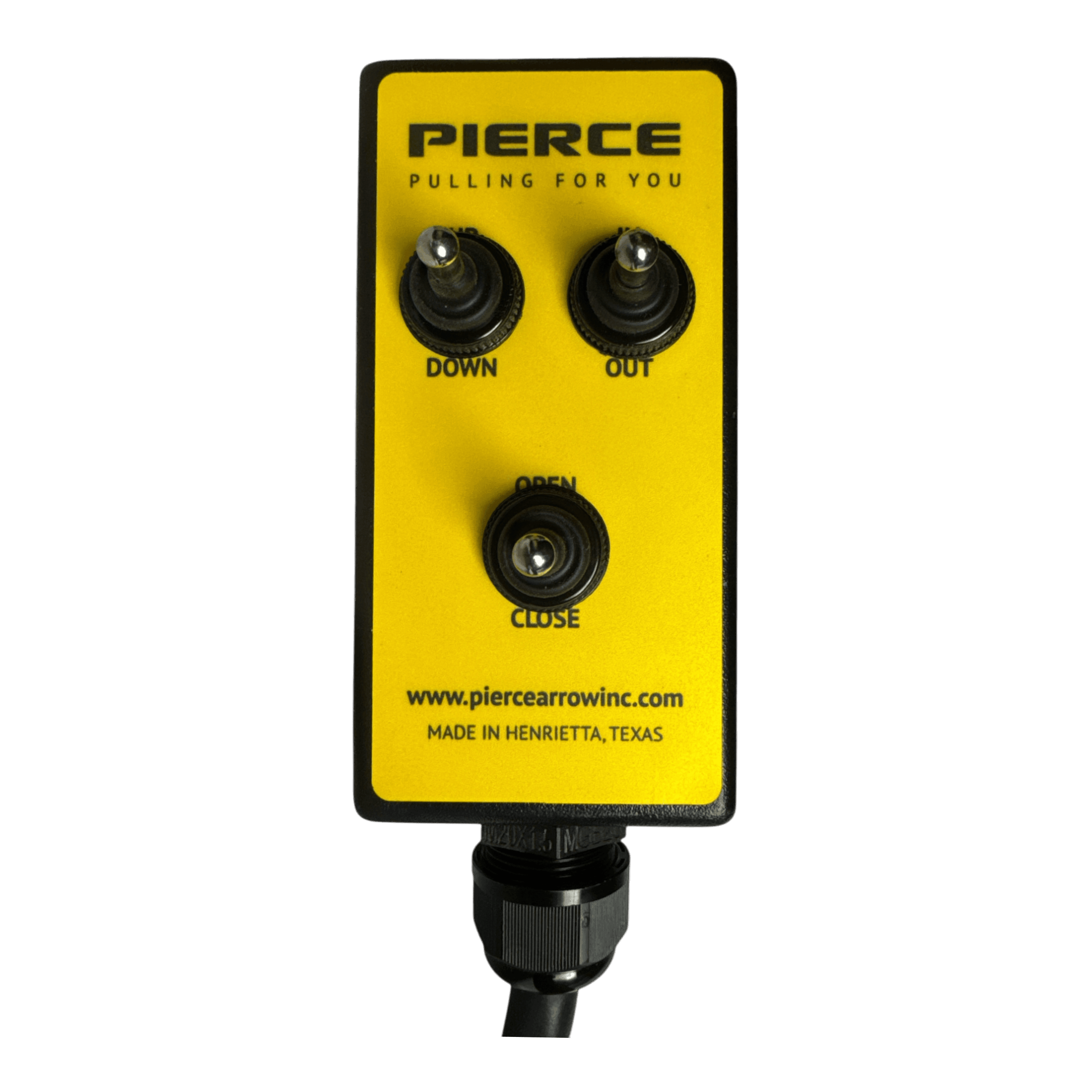 The PIERCE 6 Function Wrecker Remote features three toggle switches labeled Down, Out, and Open/Close—perfect for controlling hydraulic power units or solenoid systems.