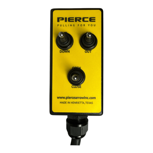 The PIERCE 6 Function Wrecker Remote features three toggle switches labeled Down, Out, and Open/Close—perfect for controlling hydraulic power units or solenoid systems.