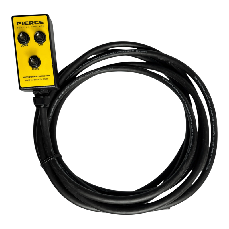 The PIERCE 6 Function Wrecker Remote features black buttons, a long coiled cable, and a 6-function toggle switch for use with solenoid systems or hydraulic power units.