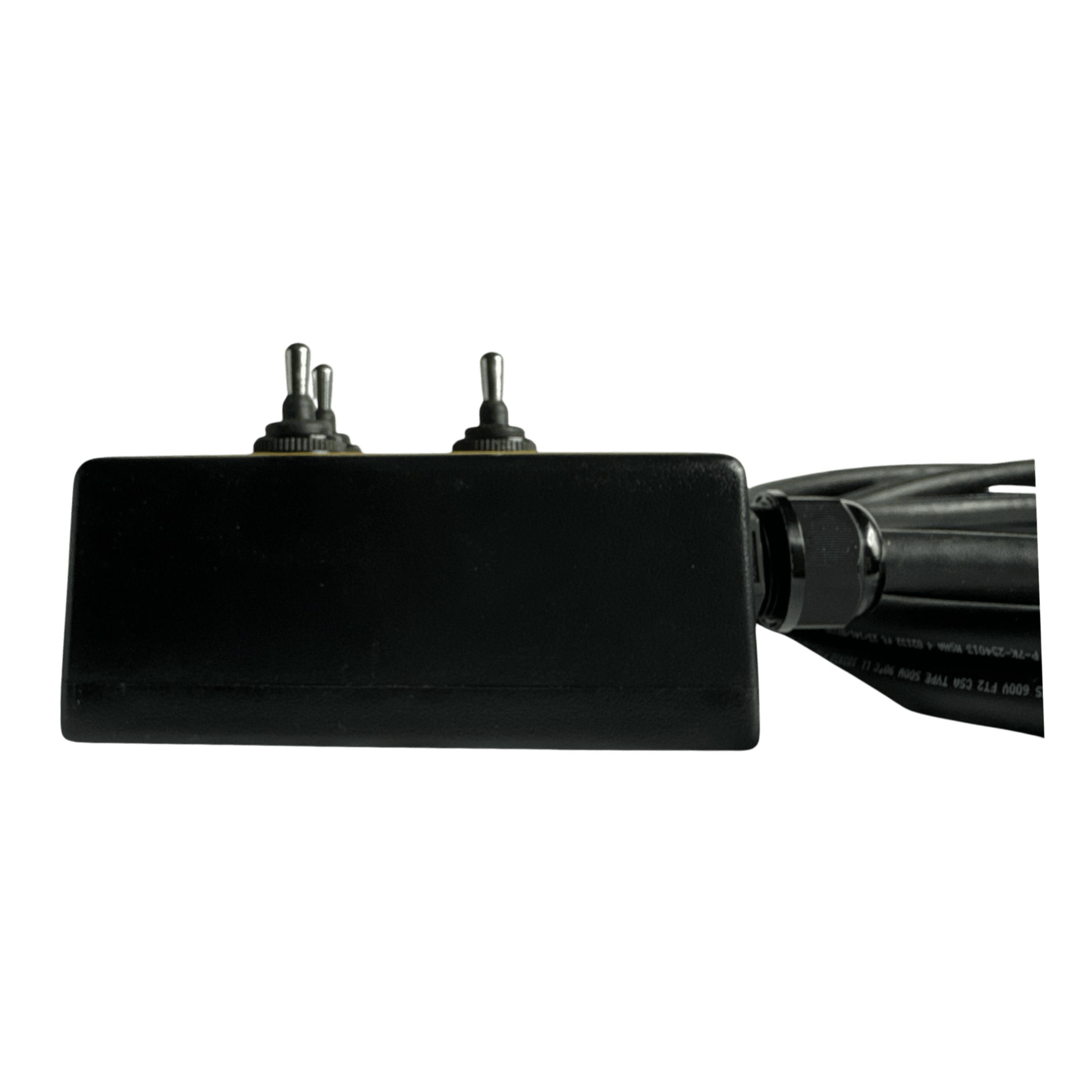 The PIERCE 6 Function Wrecker Remote is a black rectangular switch box with two toggle switches and cables, ideal for controlling solenoid systems.