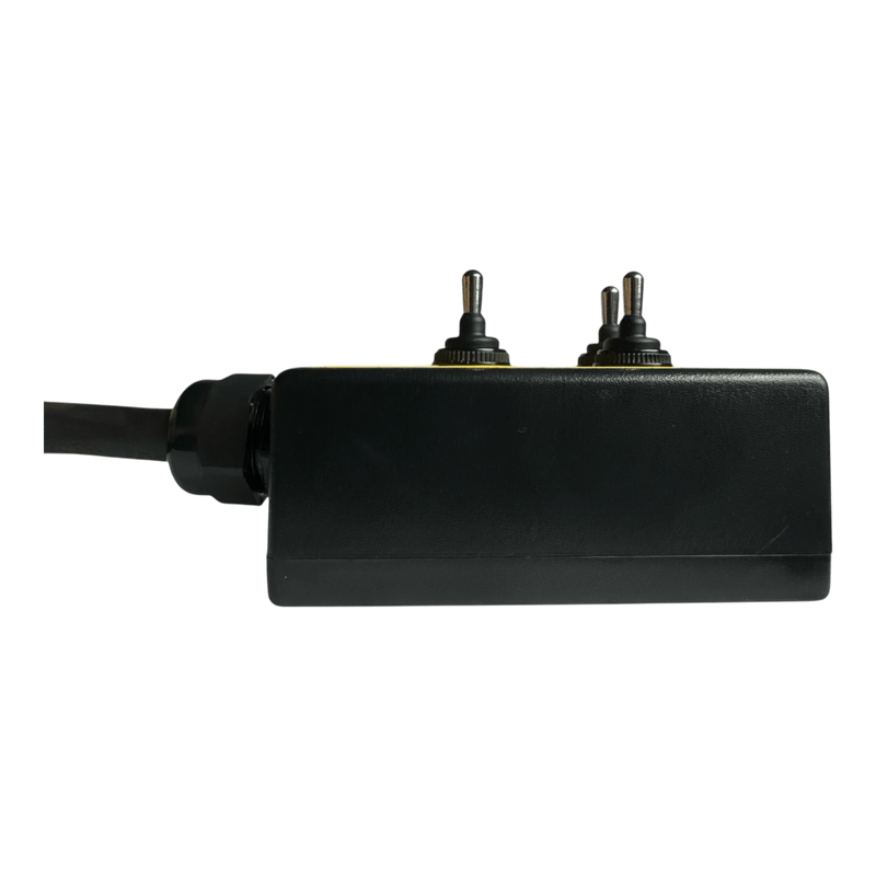 The PIERCE 6 Function Wrecker Remote is a black rectangular box with six toggle functions, an extra top toggle, a side cable, and is designed for solenoid systems.