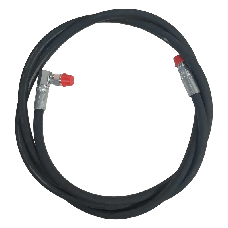 The PIERCE Dump Kits 7-Foot Hose is shown coiled in a circle with metal fittings and red caps on both ends, set against a white background.