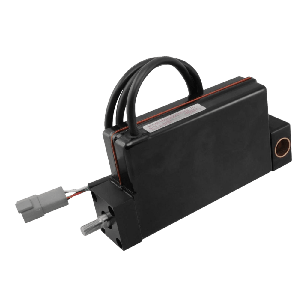 The Lodar Replacement Electric Actuator, a black electronic device from Actus, includes multiple cables and a gray connector, making it perfect for integrating into the Lodar wireless electric actuator systems.