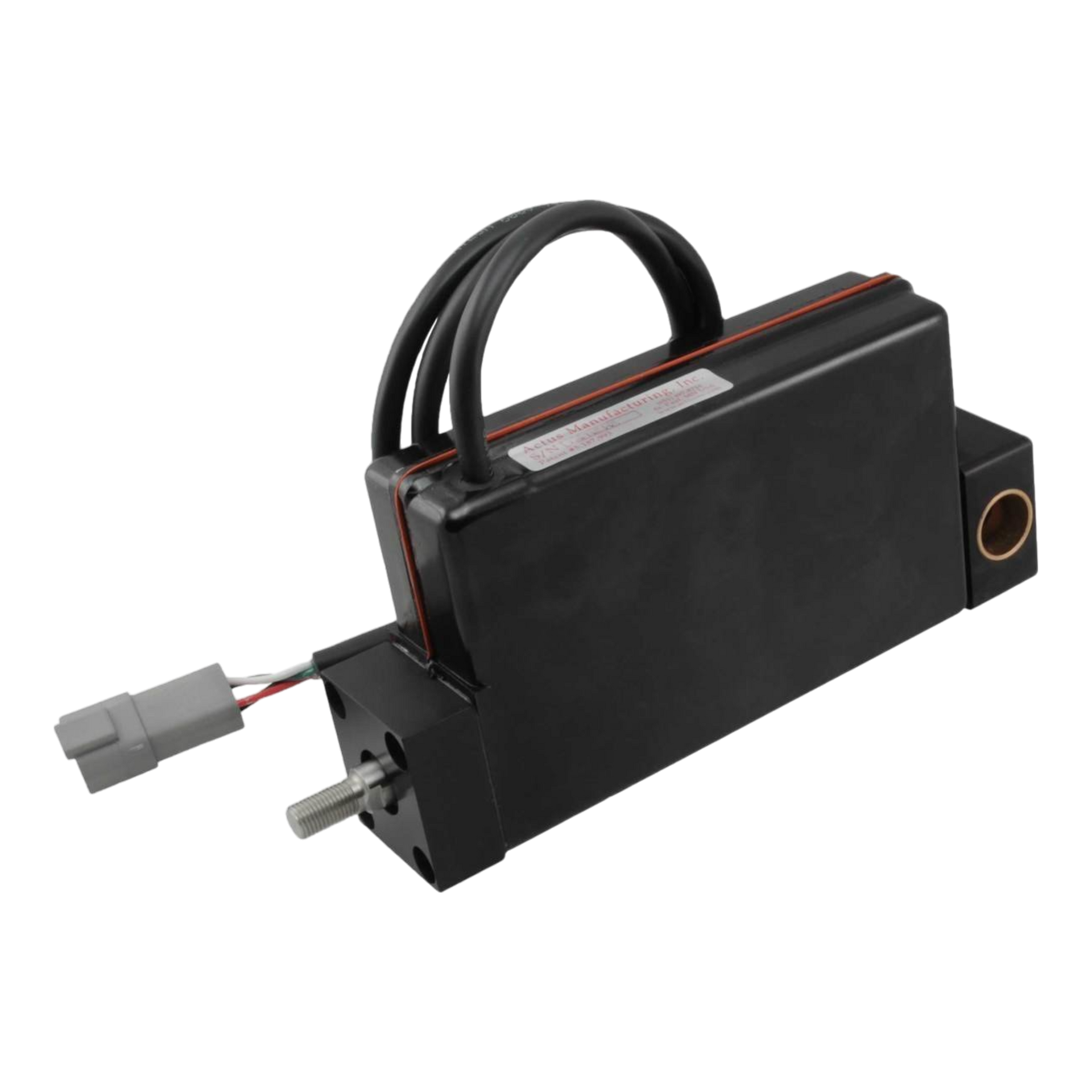The Lodar Replacement Electric Actuator, a black electronic device from Actus, includes multiple cables and a gray connector, making it perfect for integrating into the Lodar wireless electric actuator systems.